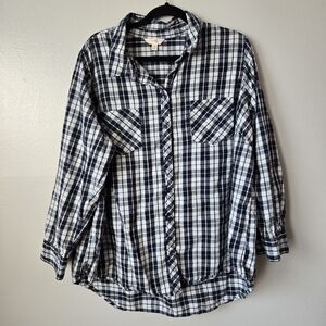 Terra & Sky Plaid Flannel Button Down Shirt Navy White Gingham Top Size 2X